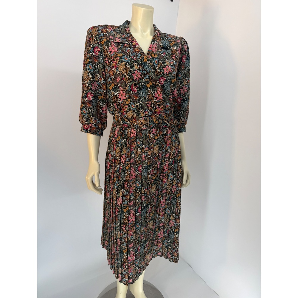 Vintage 80s Prairie Dress Floral Pleated Midi Cottagecore Elastic Waist Size 14
